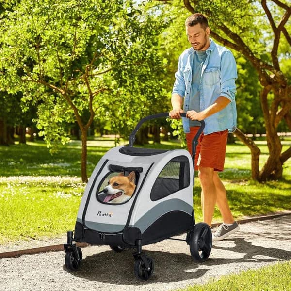Rootz Hundevogn - Kæledyrsvogn - Hundevogn til mellemstore hunde - 2 meshvinduer 1 sidelomme - Oxford stof - Stål - Sort - 107L x 72W x 102H cm