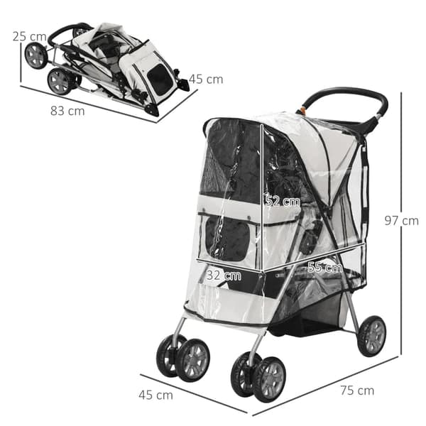 Rootz Foldbar Pet Buggy - Hunde Buggy - med 1 kurv - 2 kopholdere - Grå - 75cm x 45cm x 97cm