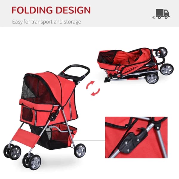 Rootz Dog Stroller - Pet Stroller - Dog Buggy - Dog Stroller For Travel - Foldable Pet Stroller - Dog Travel Buggy - Compact Pet Carriage - Red - 75L