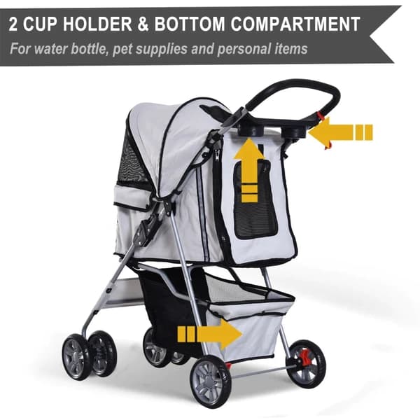 Rootz Dog Stroller - Pet Stroller - Dog Buggy - Foldable Pet Stroller - Dog Travel Buggy - Compact Pet Carriage - Silver - 75L x 45W x 97H cm