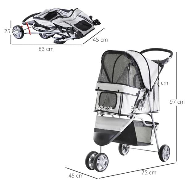 Rootz Dog Stroller - Dog Cart - Dog Buggy - Dog Trolley - Trolley Pet - Pet Travel Stroller - Puppy Jogger Carrier - Grey - 75L x 45W x 97H cm