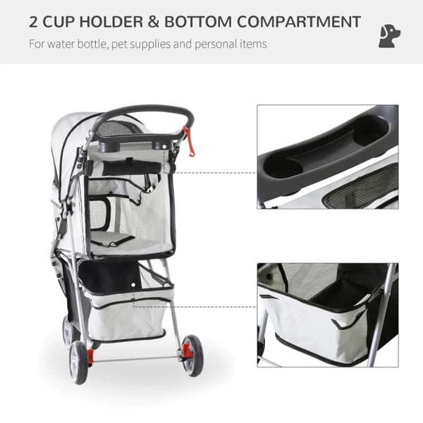 Rootz Dog Stroller - Dog Cart - Dog Buggy - Dog Trolley - Trolley Pet - Pet Travel Stroller - Puppy Jogger Carrier - Grey - 75L x 45W x 97H cm