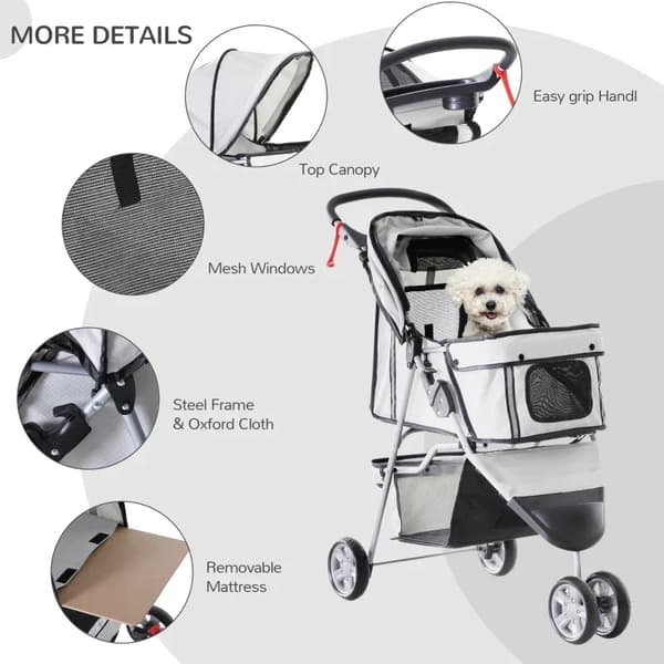 Rootz Dog Stroller - Dog Cart - Dog Buggy - Dog Trolley - Trolley Pet - Pet Travel Stroller - Puppy Jogger Carrier - Grey - 75L x 45W x 97H cm