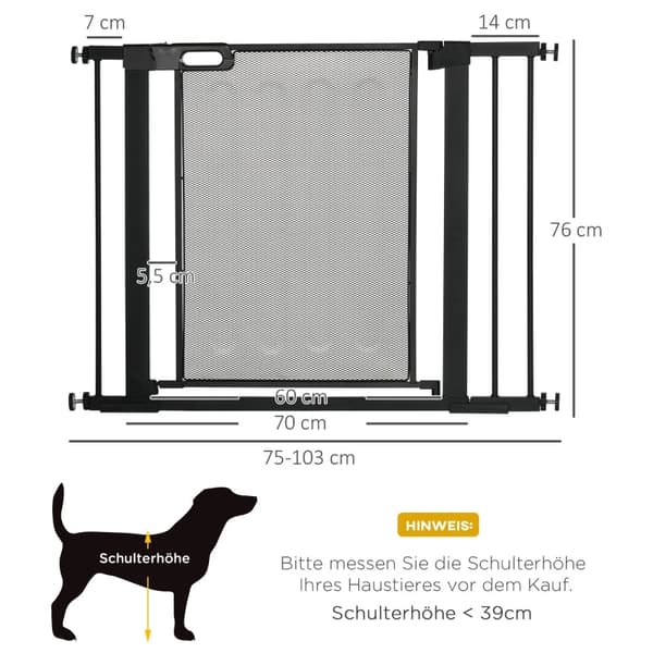 Rootz PawHut Justerbar Pet Gate - Trappport - Hundbarriär - Automatisk stängning - Enhandsmanövrering - 75-103W x 76H cm - Stål och ABS