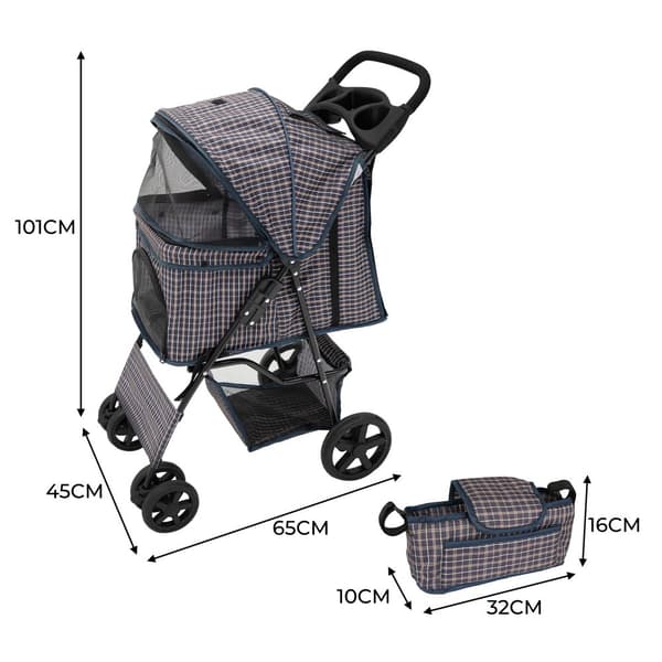 Pet Stroller with Organizer Caddy Bag Load Capacity 15kg Safety Leash Basket, Cup Holder and FREE Rain Cover | Travel trolley for Dogs and Cats
