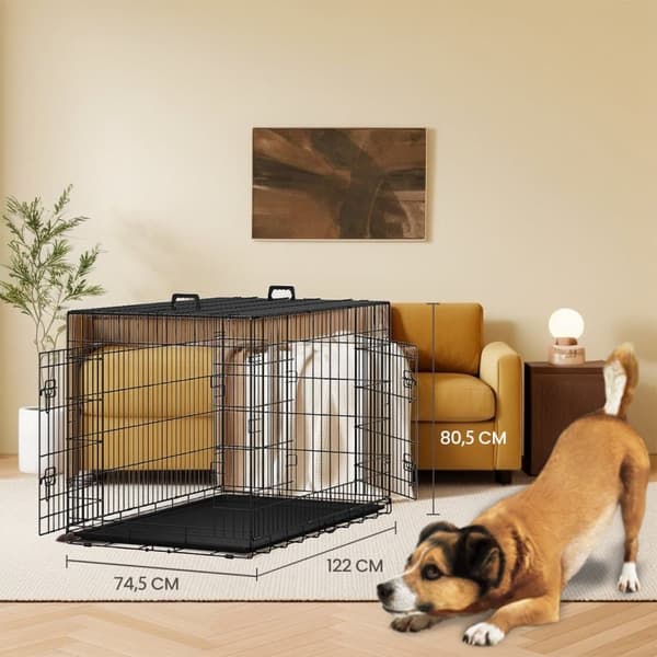 Koiran häkki, taitettava koiralaatikko 2 ovella, 122x74.5x80.5 cm, musta