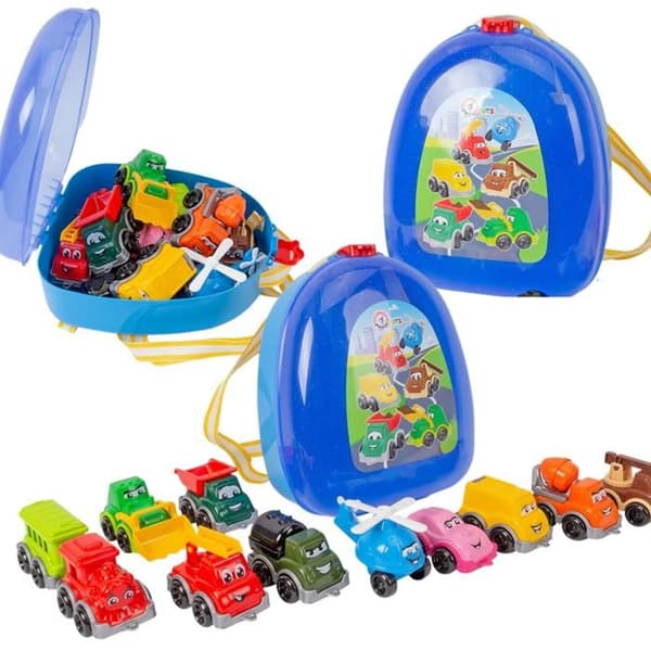 Bilar set, transportmedel, bilar, tåg, helikopter, bärgningsbil, ryggsäck 9253