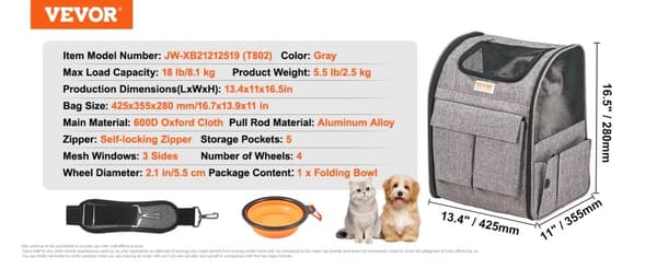 Pet Carrier Rygsæk, Godkendt til Flyrejser, Holdbart Oxford Stof,Grå 18lbs