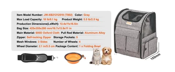 Pet Carrier Rygsæk, Godkendt til Flyrejser, Holdbart Oxford Stof,Grå 18lbs