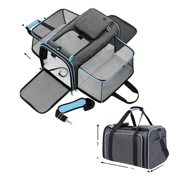 Pet Carrier, Åndbart Mesh Design, Rummelig og Alsidig,Grå + blå kant