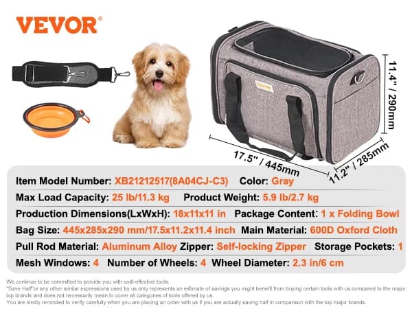 Pet Carrier, 4 Hjul, Åndbart Mesh, Holdbart Oxford Stof,Grå 25lbs