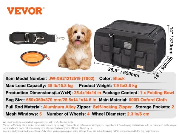 Pet Carrier, 4 Hjul, Åndbart Mesh, Holdbart Oxford Stof,Sort 35lbs