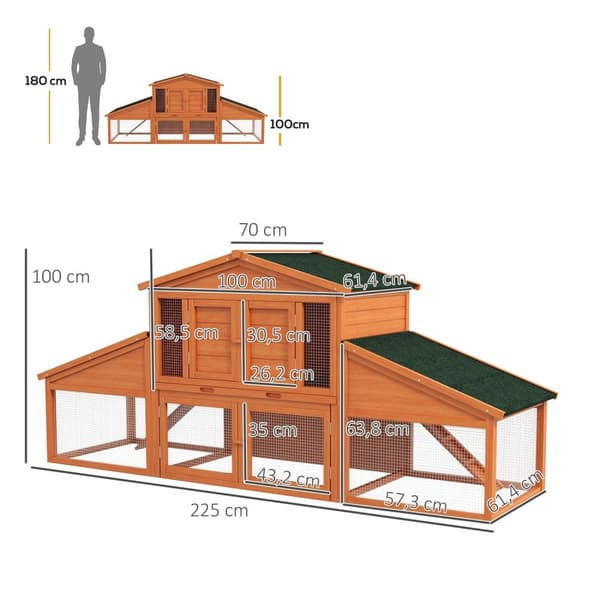 Rootz Rabbit Hutch Rodent Hut - Bunny House - Small Animal Shelter - Solid Pine Wood - 2,25L X 0,70W X 1H M