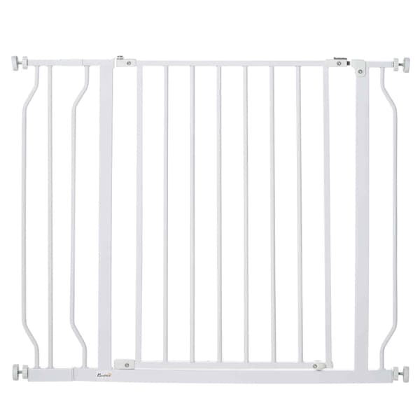 Rootz Dog Gate - Barriere - Tovejs åbning - Vægmontering - Snaps - Nem installation - Justerbar - Robust stålramme - Hvid - 73L x 76H cm