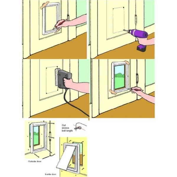 Dörr för katt eller hund - Vit - Storlek L - 4 låslägen - Slitstarkt material - Enkel installation