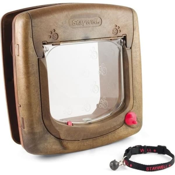 PetSafe - Staywell Deluxe Magnetisk kattlucka för katter, 4-vägslåsning - Halsband med magnetnyckel - Träfinish