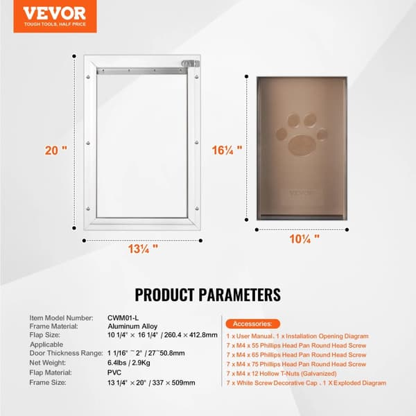 VEVOR Kæledyrsdør, Aluminiumlegering Ramme, PVC Klapmateriale,L