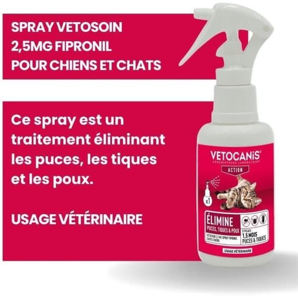 Fipronil loppe- og flåtspray - VETOCANIS - 2,5 mg til hunde og katte - 100 ml