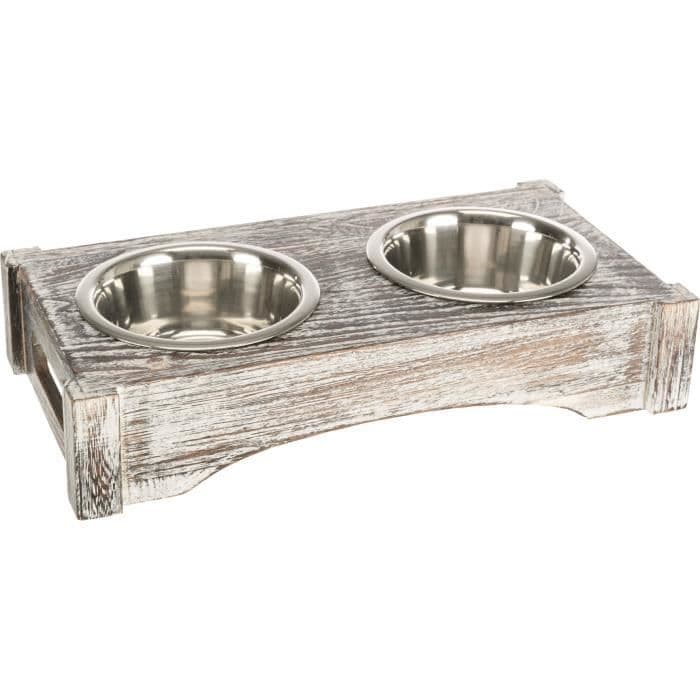 Skålar av rostfritt stål och trä - 2 × 0,45 l - ø12 cm - 36 × 7 × 19 cm - Vit