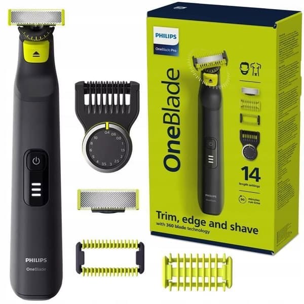 Hybridrakhyvel - Philips - OneBlade PRO 360 QP6541/15 - 360° blad - 14 längds nosstycke - Fodral ingår