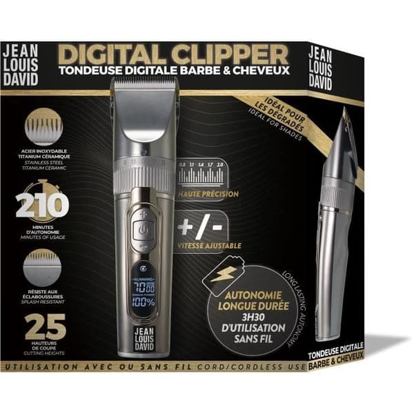 Hår- och skäggtrimmer - JEAN LOUIS DAVID - Digital Clipper - 25 klipphöjder - Lithium-Ion batteri - Lång batteritid