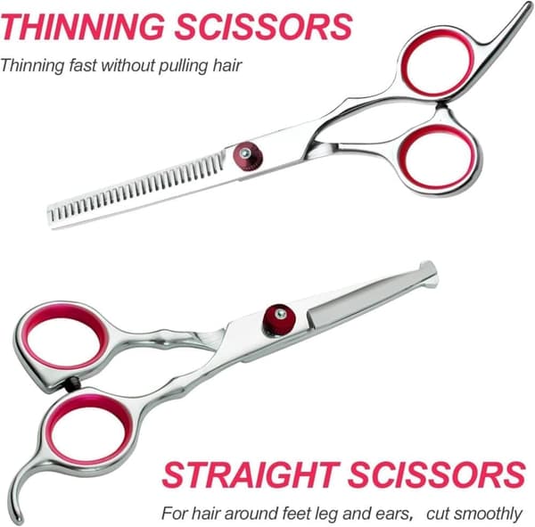 Hundsax-set med trimsax, effileringssax, kam, Böjd sax, rak sax och nagelklippare，Silverrosa