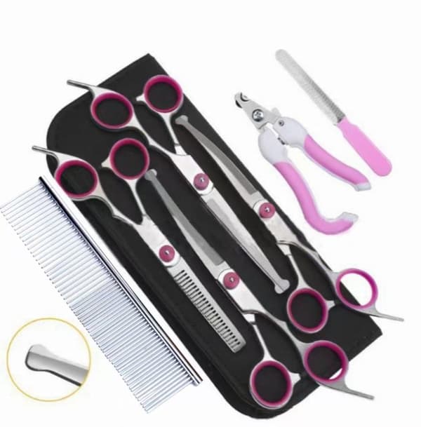 Hundsax-set med trimsax, effileringssax, kam, Böjd sax, rak sax och nagelklippare，Silverrosa