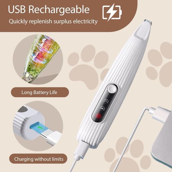 Hundeklipper til hundepoter, USB genopladelig, Støjsvag, med LED-lys, Præcisionsklipning