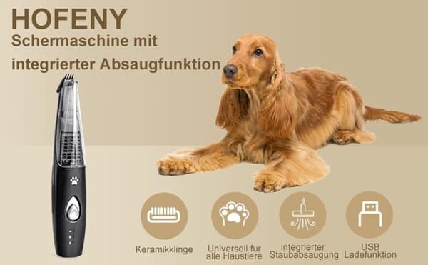 Hundetrimmer med støvsuger, Trådløs, Støjsvag og Præcis, USB, Ergonomisk, Hundeklipper til hundepoter