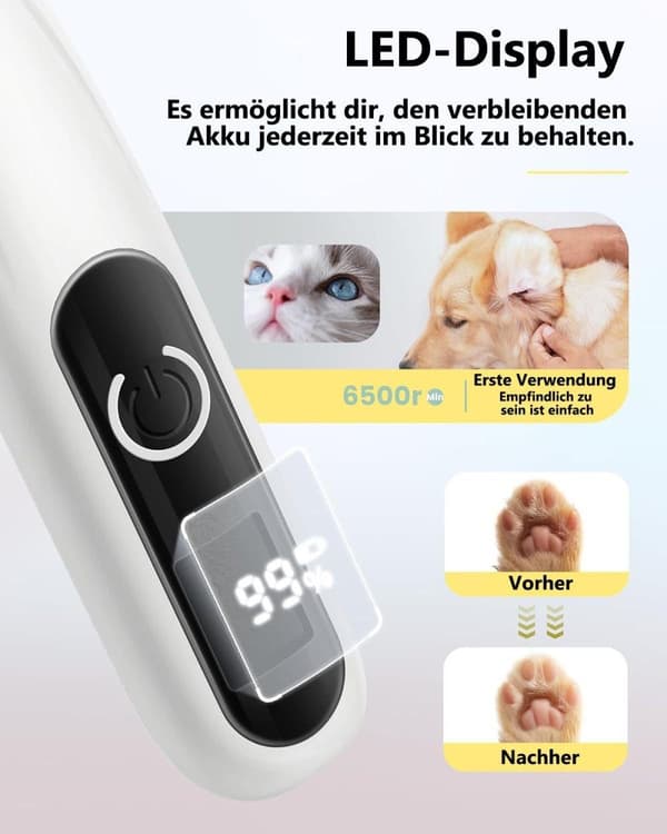 Akku potetrimmer til hund, LED-display, lydløs, 20 mm klinge, USB-C, 4 tilbehør, hundetrimmer / potetrimmer - potetrimmer