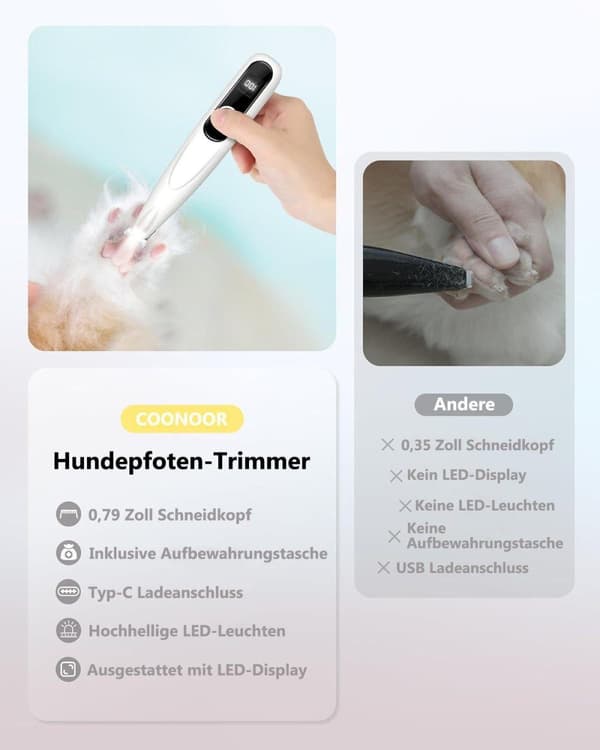 Akku potetrimmer til hund, LED-display, lydløs, 20 mm klinge, USB-C, 4 tilbehør, hundetrimmer / potetrimmer - potetrimmer