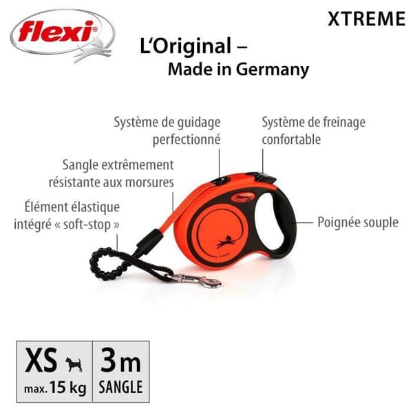 TRIXIE flexi XTREME -talutin - Koko XS - 3m - Musta ja oranssi