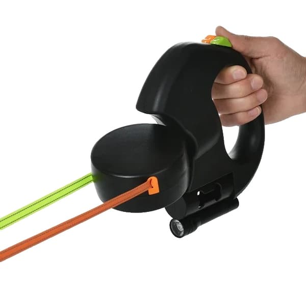Hundleash, Dubbelkoppel, Automatisk Återdragbar,Svart, 3 meter