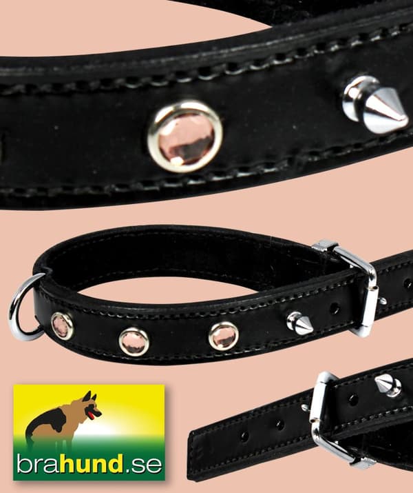 Fodrat läderhalsband m beslag i krom & smyckat m stenar, 45cm x 25mm