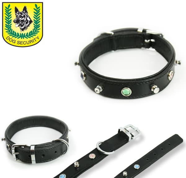 Fodrat läderhalsband m beslag i krom & smyckat m stenar, 45cm x 25mm