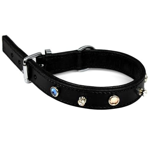 Fodrat läderhalsband m beslag i krom & smyckat m stenar, 45cm x 25mm