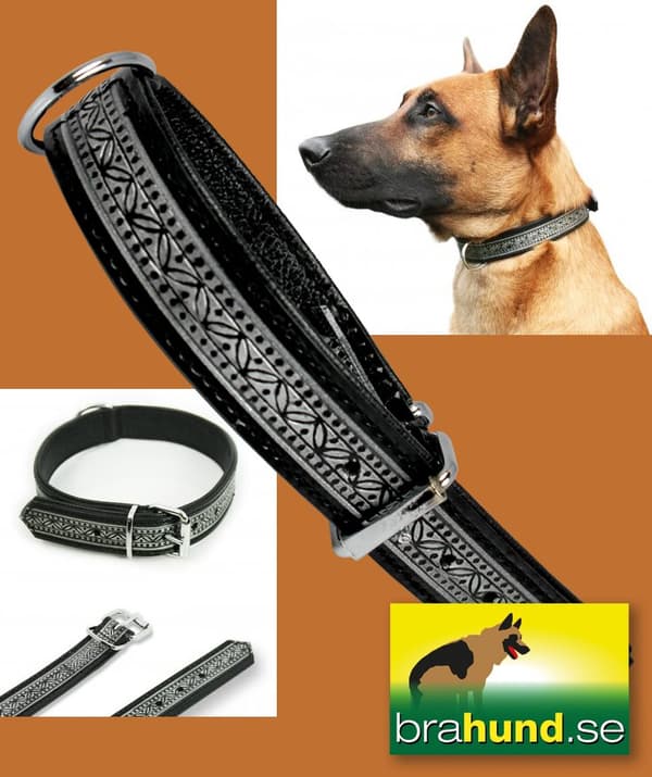 Fodrat läderhalsband med beslag i krom och reliefmönster, 40cm x 25mm
