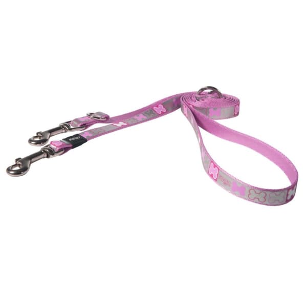 16 mm reflekterende flerbruksvalpeledning, medium, rosa, Bones Design, Rogz