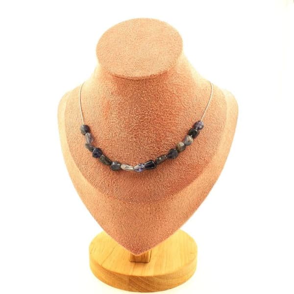 Stenar och mineraler. Halsband 15 Cordierite Iolite pärlor från Madagaskar. Stålkedja Halsband för kvinnor, män. Anpassad storlek