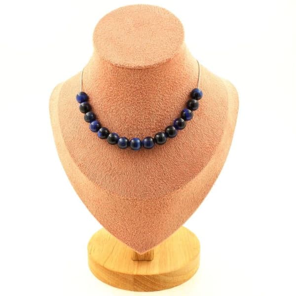 Stenar och mineraler. Halsband med 15 Blue Tiger Eye pärlor 8 mm. Kedjehalsband i rostfritt stål för kvinnor, män. Personlig storlek