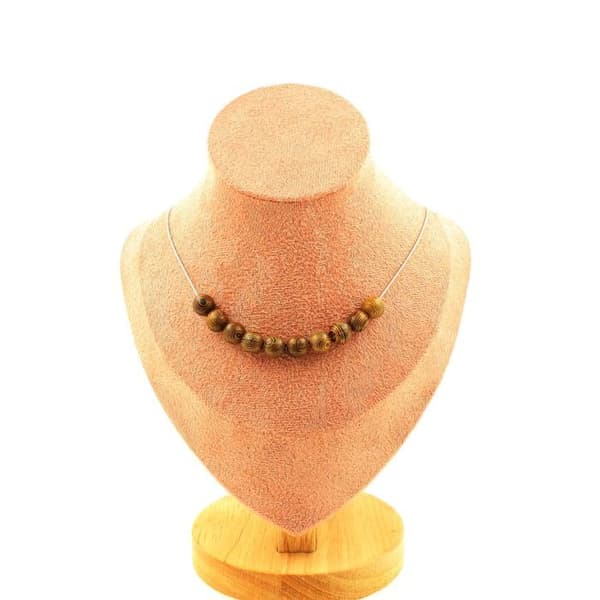 Stenar och mineraler. Halsband med 10 träpärlor 8 mm. Rostfri kedja Halsband för kvinnor, män. Anpassningsbar storlek.