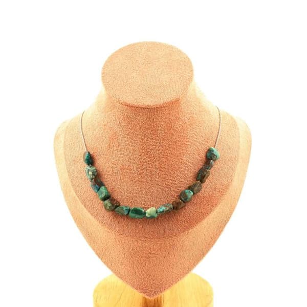 Stenar och mineraler. Halsband med 15 Chrysocolla pärlor från USA. Rostfri kedja Halsband för kvinnor, män. Anpassningsbar storlek