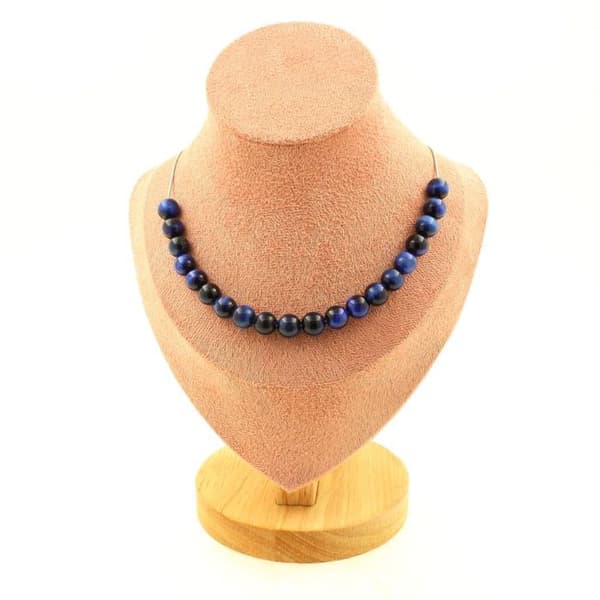 Stenar och mineraler. Halsband med 20 Blue Tiger Eye pärlor 8 mm. Rostfri kedja Halsband för kvinnor, män. Personlig storlek