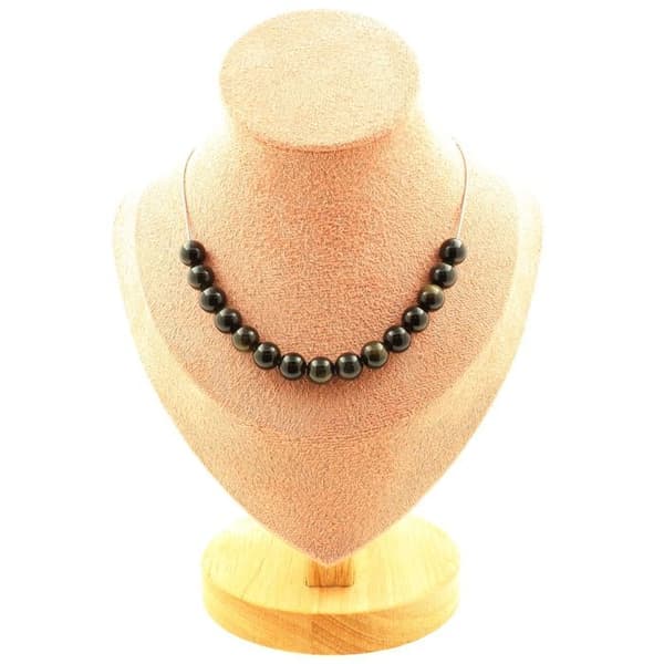 Stenar och mineraler. Halsband med 15 gyllene Obsidian pärlor 8 mm. Rostfri kedja Halsband för kvinnor, män. Anpassad storlek