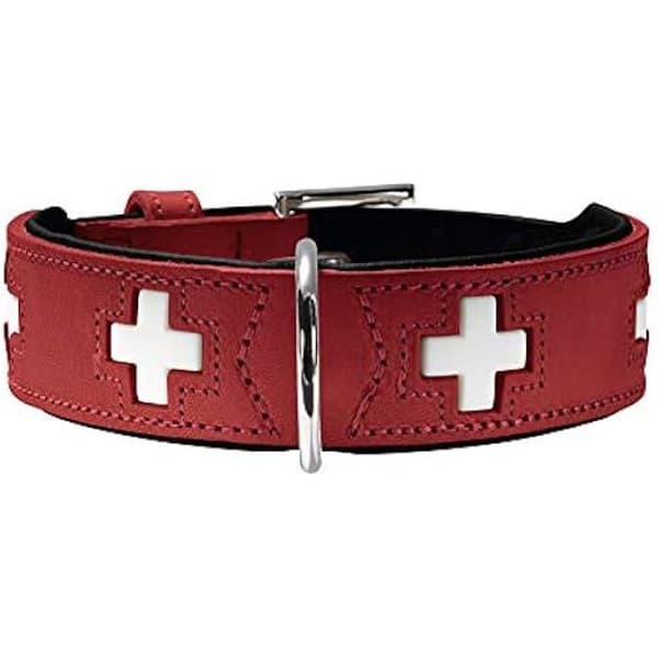 Halsband - HUNTER - 35-39,5 cm - Röd/Svart - Mjukt läder - Rostfritt stål