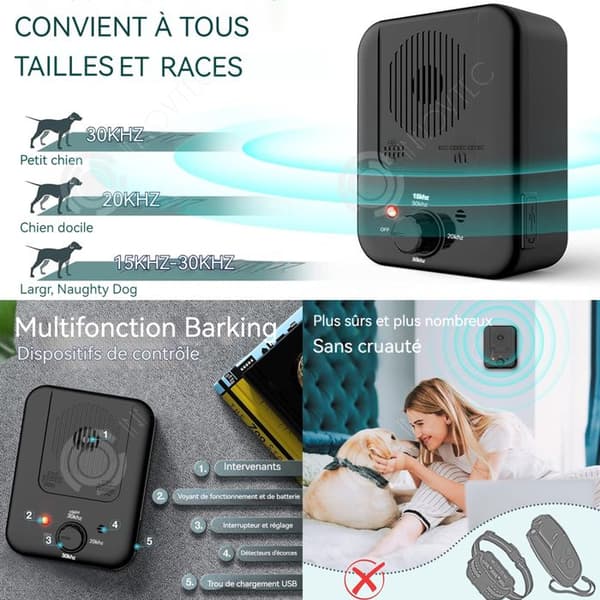 INN Anti Bark Dog Ultrasonic 1500 mah 15-30khz 3 hastighetsinställning IPX4 Vattentät USB Anti Bark med ljudsensor och krok