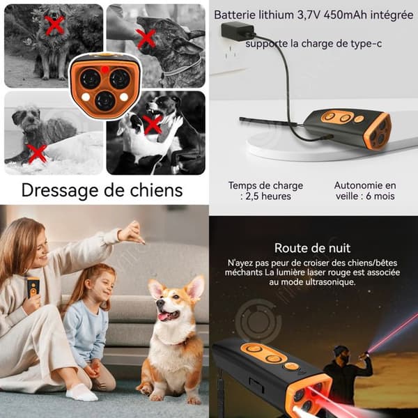 INN Anti-bark hund ultraljud 3 i 1 450mah typ-c 3 anti-bark hastigheter innehåller en laser och ficklampa och ultraljud