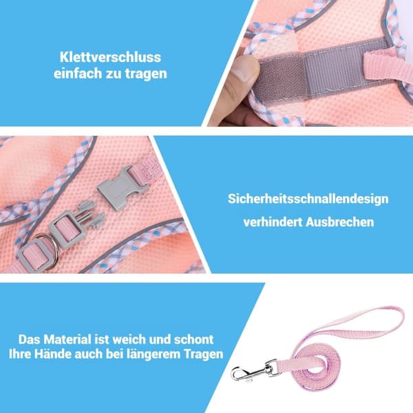 Justerbar hunde- og kattesele med snor, reflekterende og blød, sikker pasform