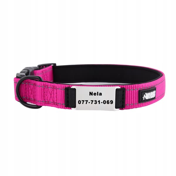 HUGGY DOGGY pinkki koiranpanta kaiverretulla nimellä ja puhelinnumerolla M
