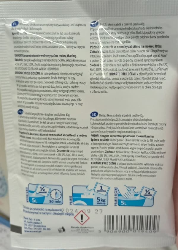 Tekstilblegemiddel til tøj uden klor 40g